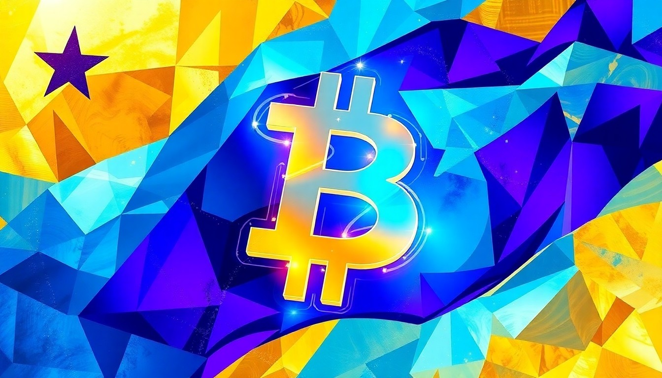 A vibrant, abstract painting featuring a large, glowing cryptocurrency symbol repeated in overlapping, fractured geometric shapes in shades of blue, purple, and gold, conveying the disruptive and powerful presence of the crypto industry in California politics.