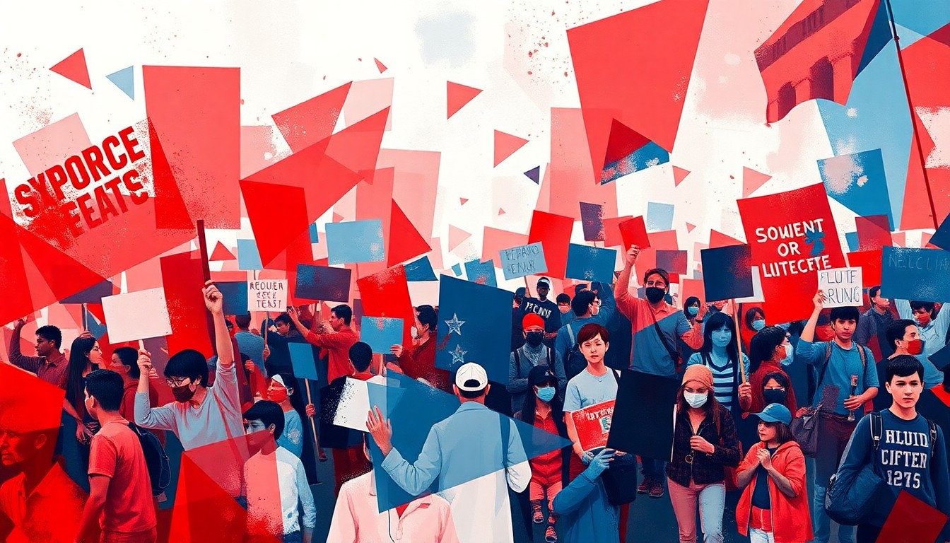 A dynamic, abstract painting in red, white, and blue depicting an overlapping, fragmented crowd of protesters marching, conveying the energy and momentum of the No Kings movement.