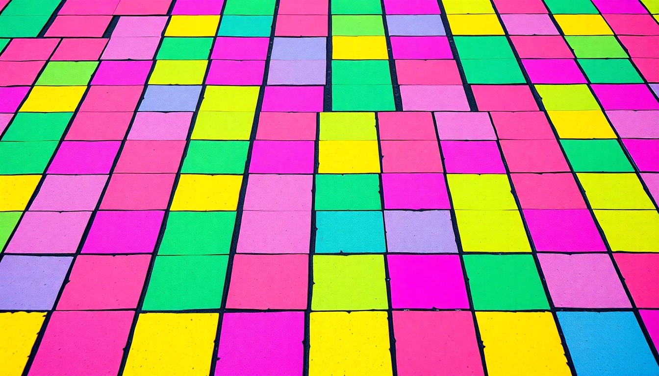 A brightly colored, high-contrast silkscreen print of a rainbow-patterned sidewalk tile, repeated in a tight grid pattern, capturing the celebratory and defiant spirit of San Antonio's new LGBTQ+ pride sidewalk.