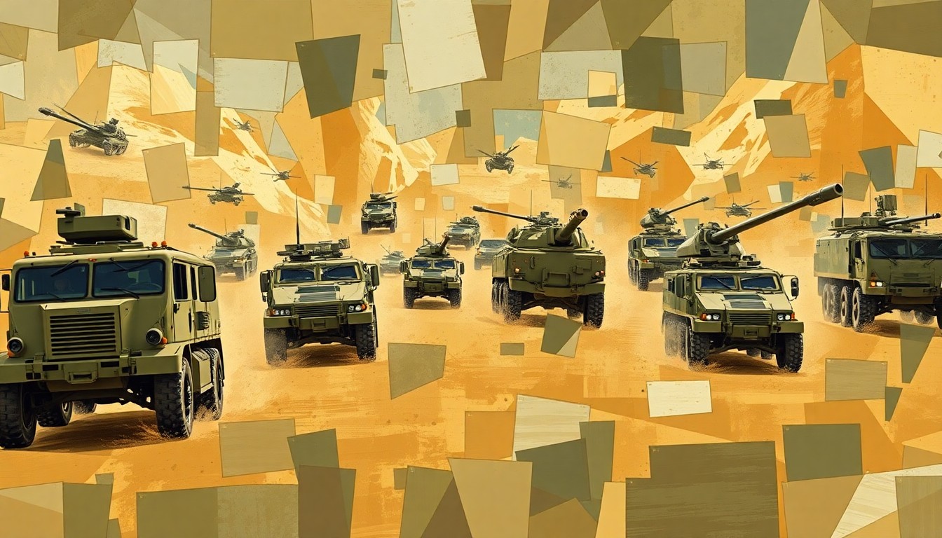 A dynamic, abstract painting of overlapping, fragmented military vehicles and equipment in shades of olive, gray, and tan, conceptually representing the escalating US military buildup in the Middle East.