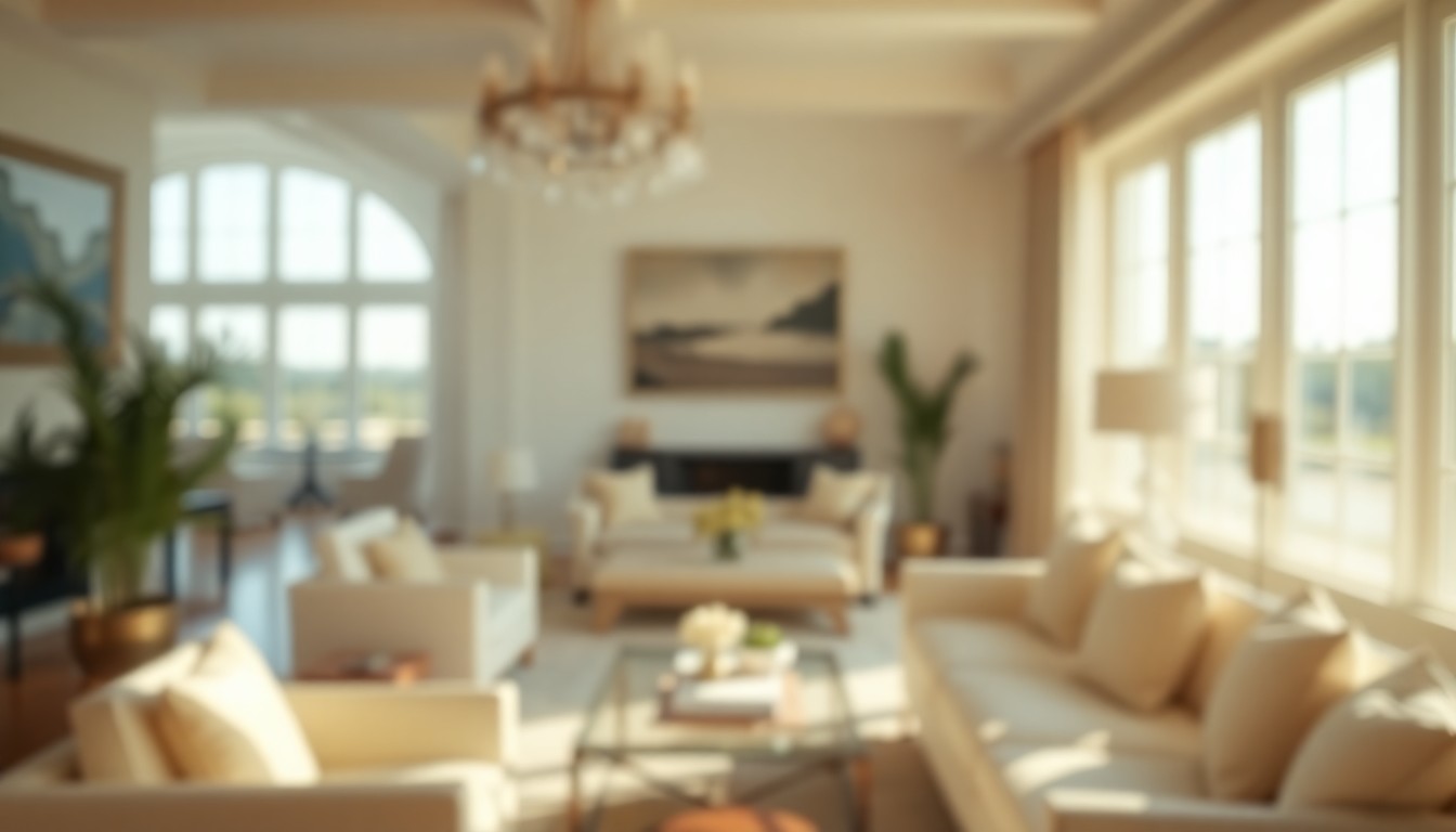 A softly focused, impressionistic photograph depicting the interior of a high-end Hamptons home, with blurred glimpses of elegant furnishings and natural light, conveying a sense of warmth, exclusivity, and timeless luxury.