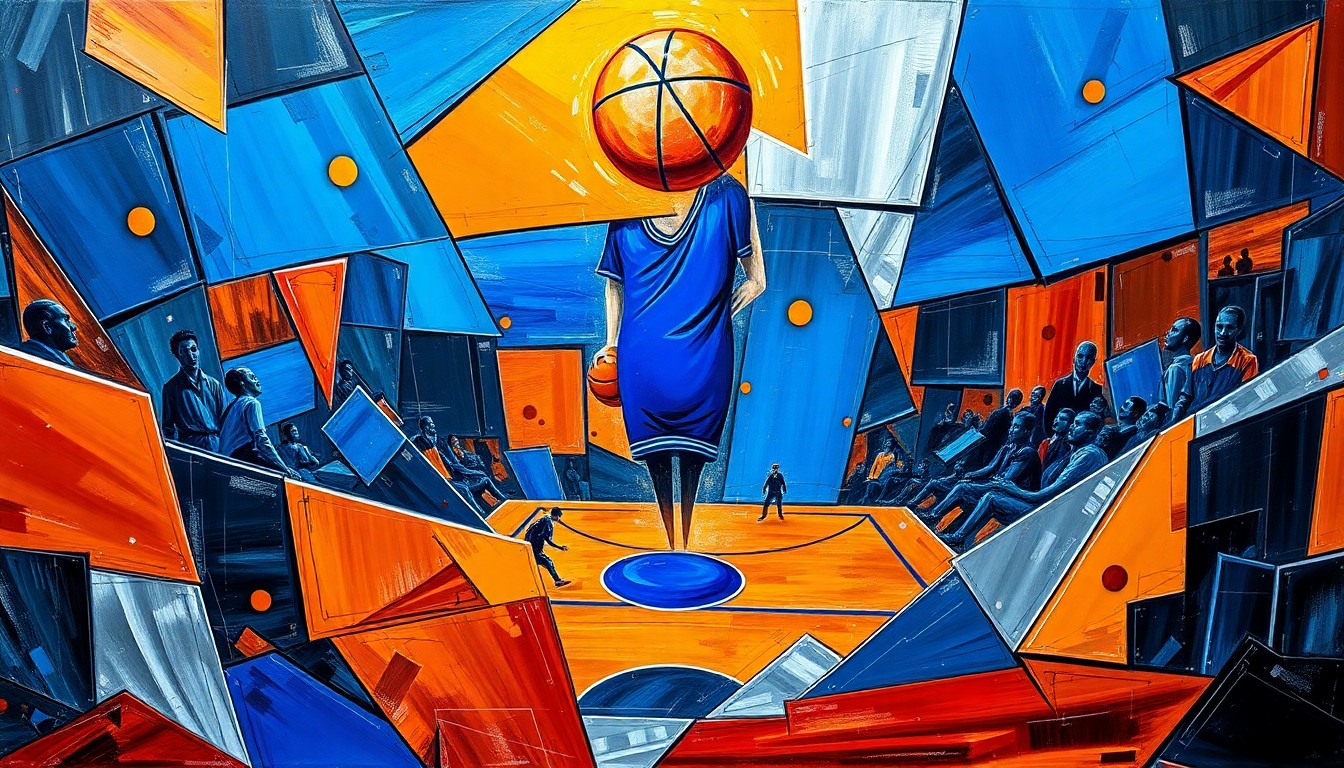 A fragmented, geometric painting depicting the chaotic energy of a close fantasy basketball game, with overlapping shapes and planes in a vibrant color scheme representing the tension and excitement of the championship moment.