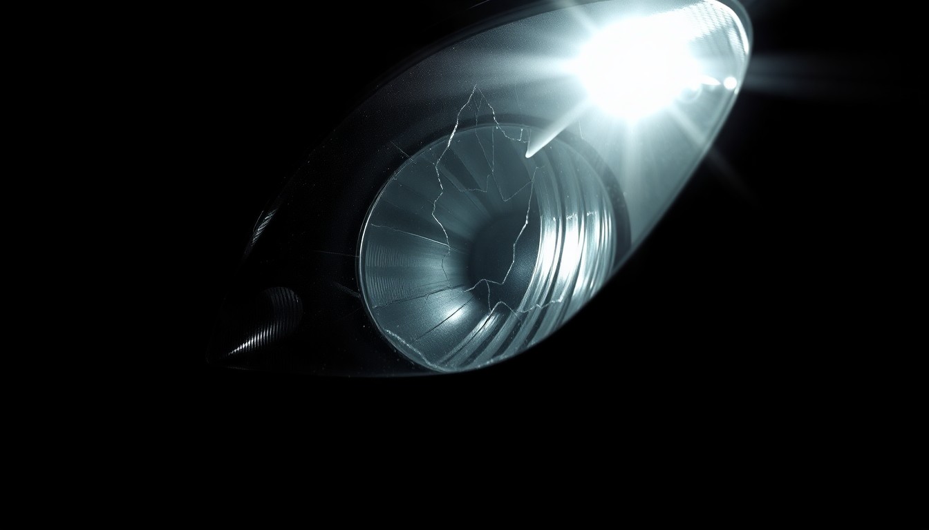 An extreme close-up photograph of a damaged car part, such as a broken side mirror or cracked headlight lens, lit by a harsh, direct camera flash against a pitch-black background, conceptually illustrating the aftermath of a vehicle collision.