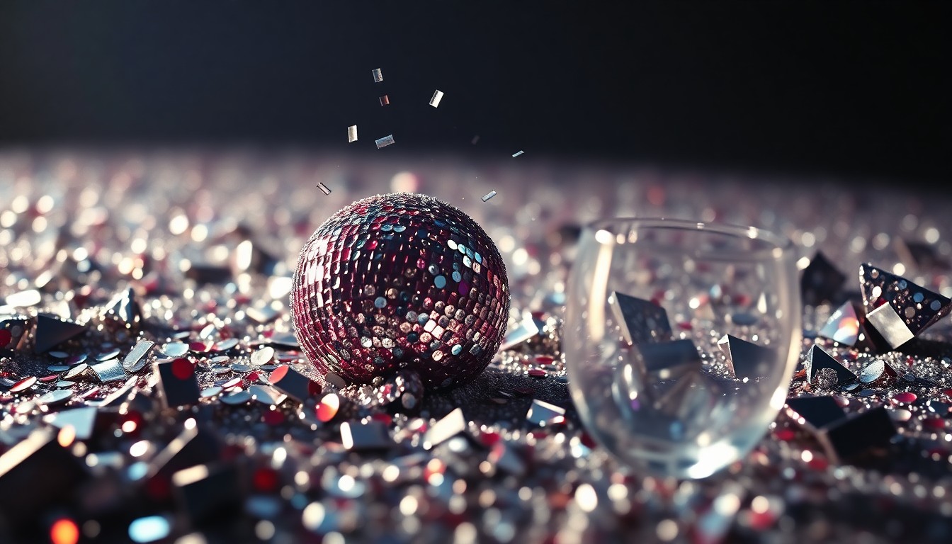 An abstract close-up image of shimmering sequins and shattered glass, capturing the glamour and energy of a high-profile music event.