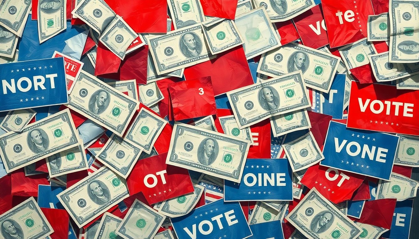 A dynamic, abstract painting featuring overlapping geometric shapes in shades of red, white, and blue, conceptually representing the influence of money in local politics.