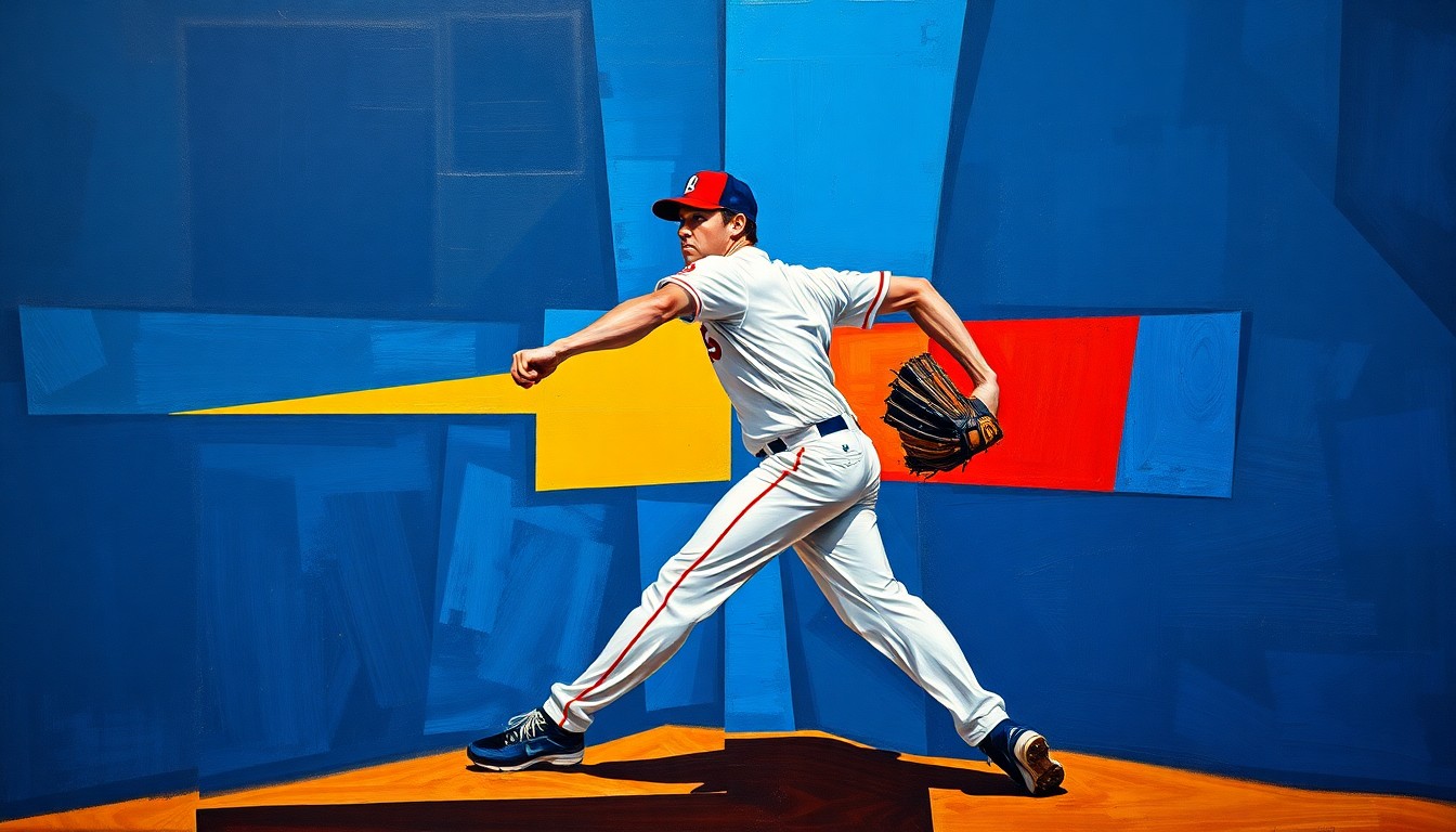 A fractured, geometric painting depicting a baseball pitcher's windup and delivery, with sharp overlapping planes in vibrant colors like navy, crimson, and gold, conceptually representing the dynamism and energy of the sport.