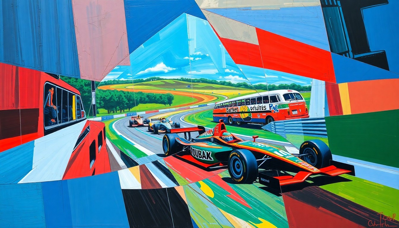 A cubist, geometric painting depicting an IndyCar race at Barber Motorsports Park, with overlapping planes of color representing the speed and intensity of the competition.