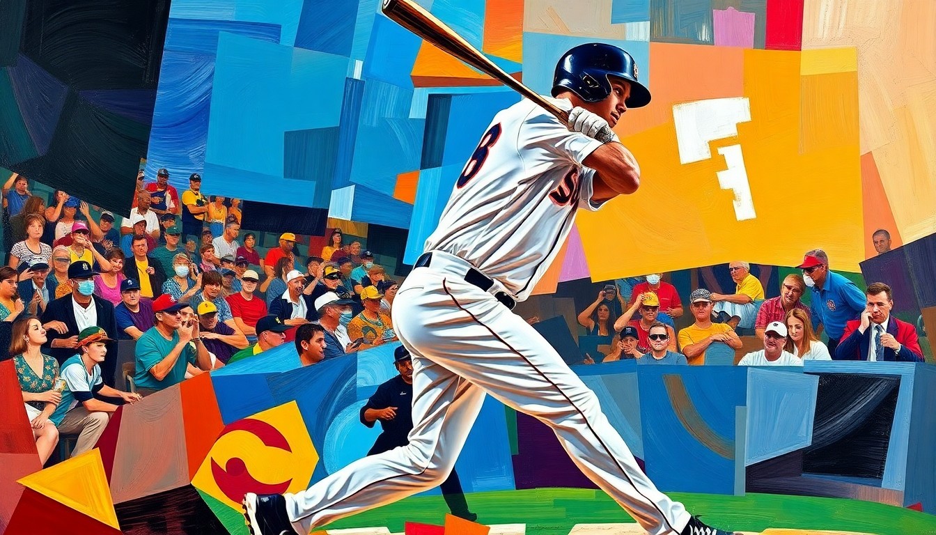 A cubist, geometric painting depicting a baseball player in mid-swing, the ball and field fractured into sharp, overlapping planes of color representing the energy and dynamism of the home run.