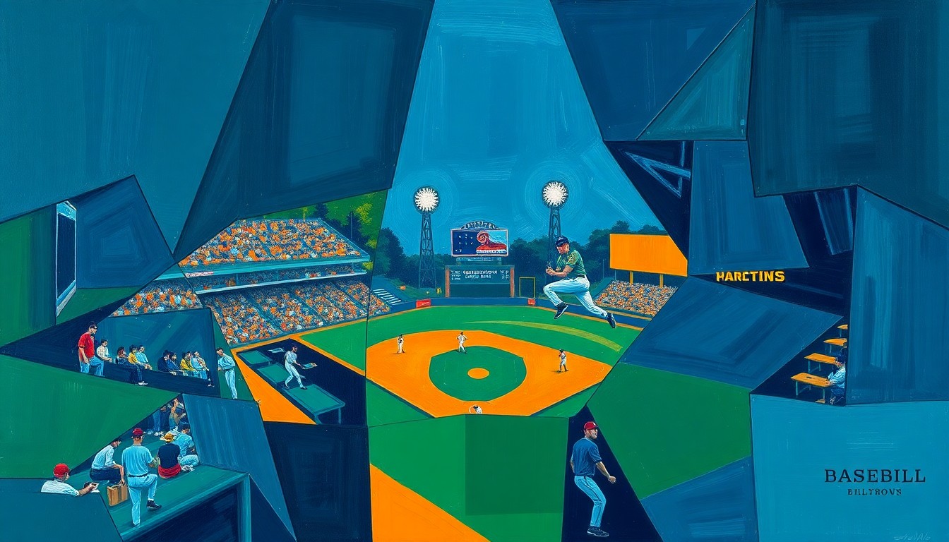 A fragmented, geometric painting depicting a college baseball game with sharp, overlapping planes of navy, green, and orange, conveying the competitive energy of the matchup.
