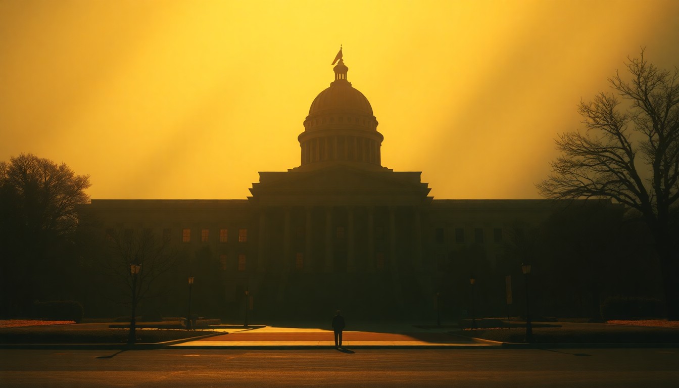 A cinematic painting of a government building or political figure in warm, diagonal sunlight and deep shadows, conceptually representing the unresolved tensions from the 2025 Anchorage summit.