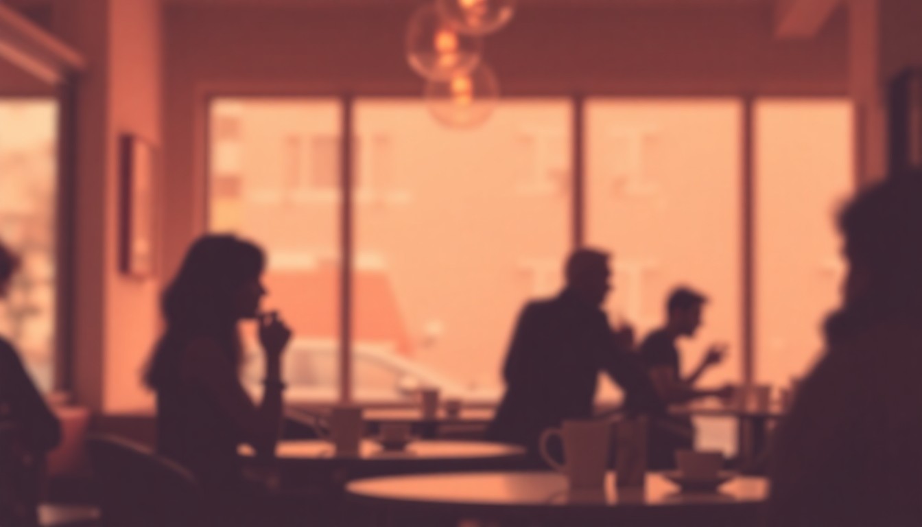 An extremely abstracted, out-of-focus photograph shot through condensation or rain-streaked glass, composed of soft pools of warm color and light depicting the cozy, inviting atmosphere of a local cafe.