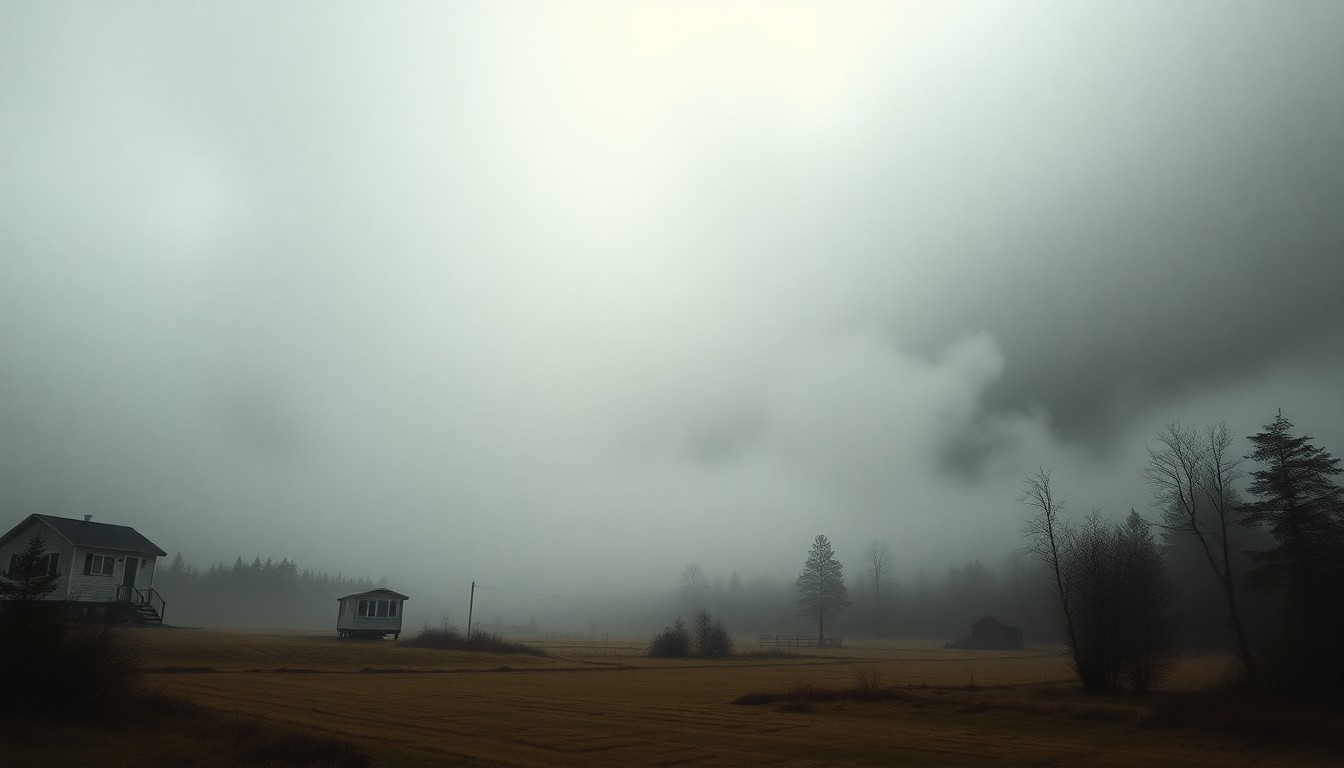 A sweeping, atmospheric landscape painting in muted tones of grey, blue, and green, with a small, barely visible mobile home structure obscured by heavy fog, conveying a sense of the overwhelming scale and power of the natural environment.