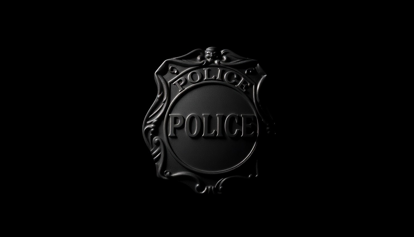 An extreme close-up photograph of a police badge's metallic surface, reflecting a harsh, direct camera flash against a pitch-black background, conceptually illustrating the serious nature of allegations against a law enforcement officer.