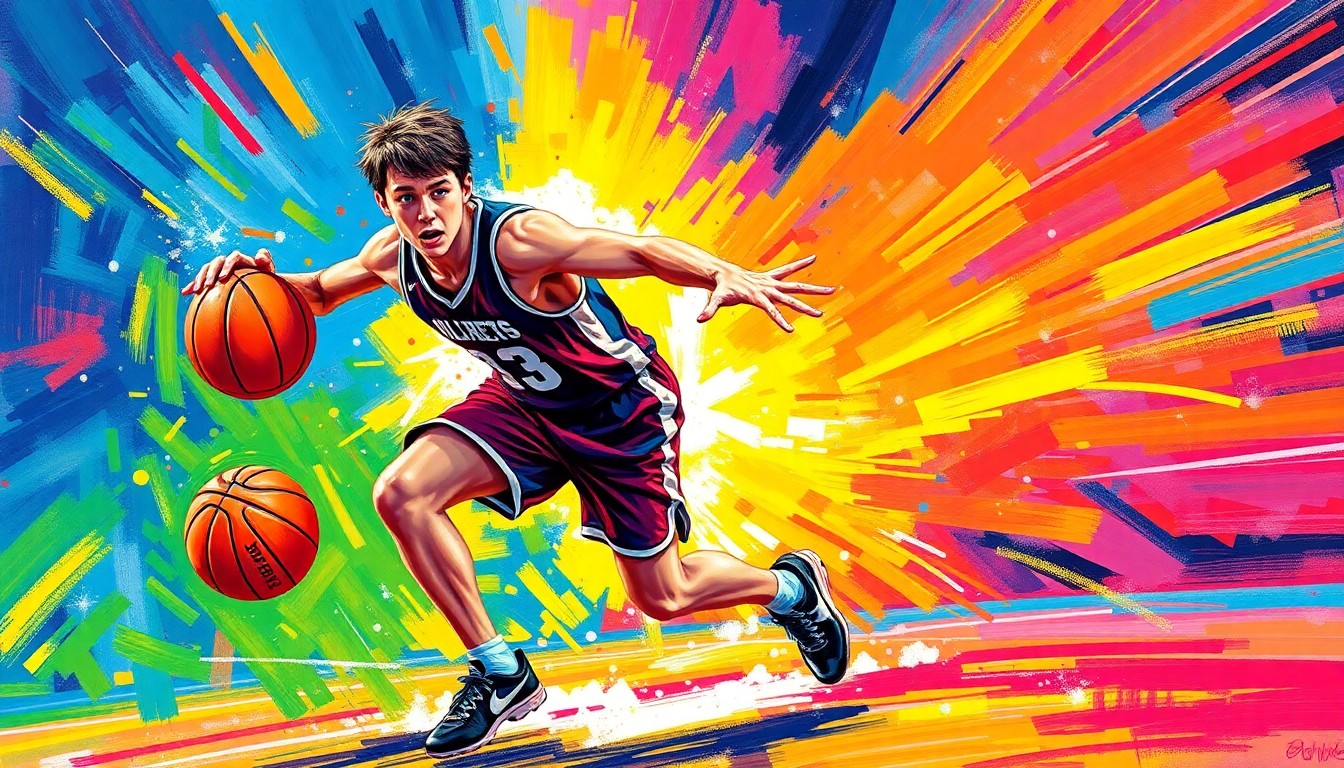 An abstract, energetic painting using bold, neon-like brushstrokes to depict the dynamic movements and intensity of a high school basketball player stealing the ball on the court.