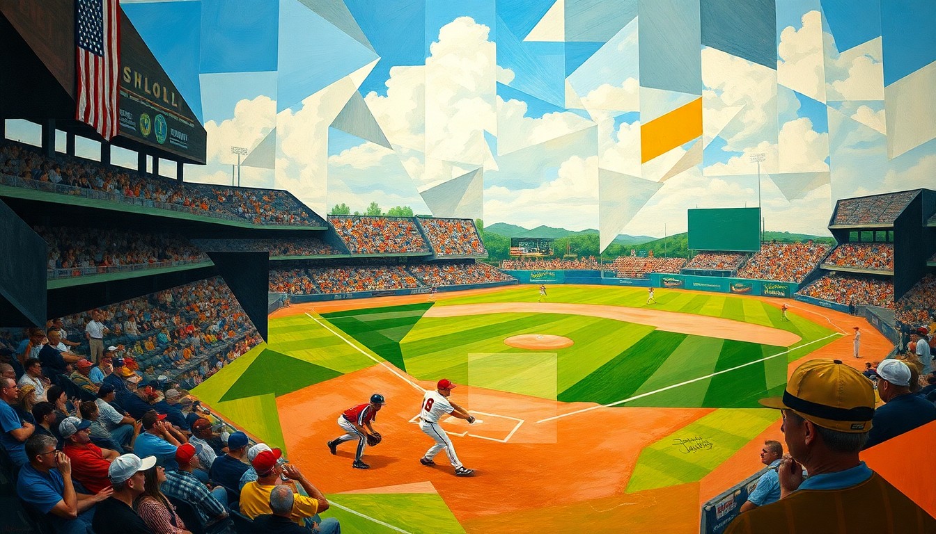 A fragmented, geometric painting depicting a high school baseball game, with players, field, and crowd broken down into abstract shapes and colors, conveying the energy and intensity of the competition.