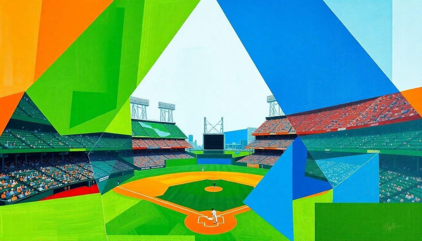 A vibrant, cubist-style painting depicting a baseball game, with the players and field broken down into overlapping geometric shapes and planes of color, capturing the dynamic energy of the sport.