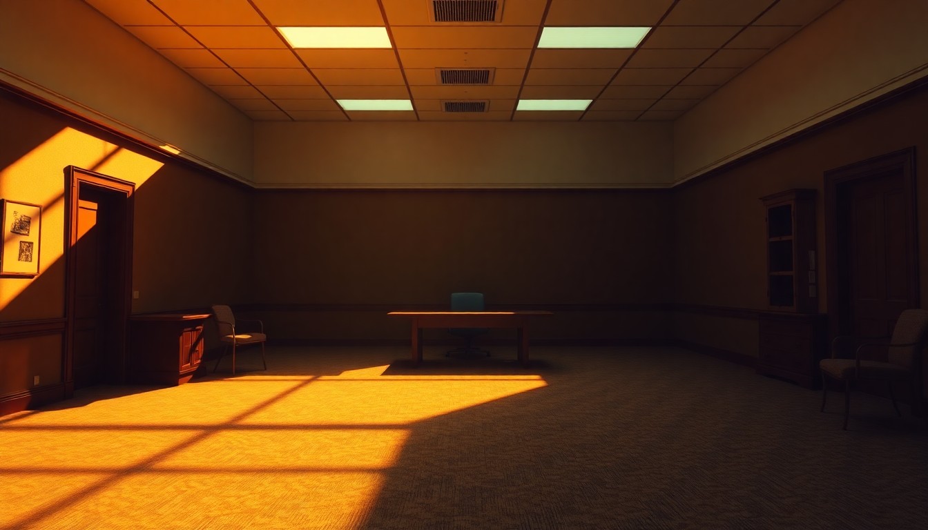 A serene, cinematic painting of an empty government office space filled with warm, diagonal sunlight and deep shadows, conveying a sense of political tension and ethical uncertainty.