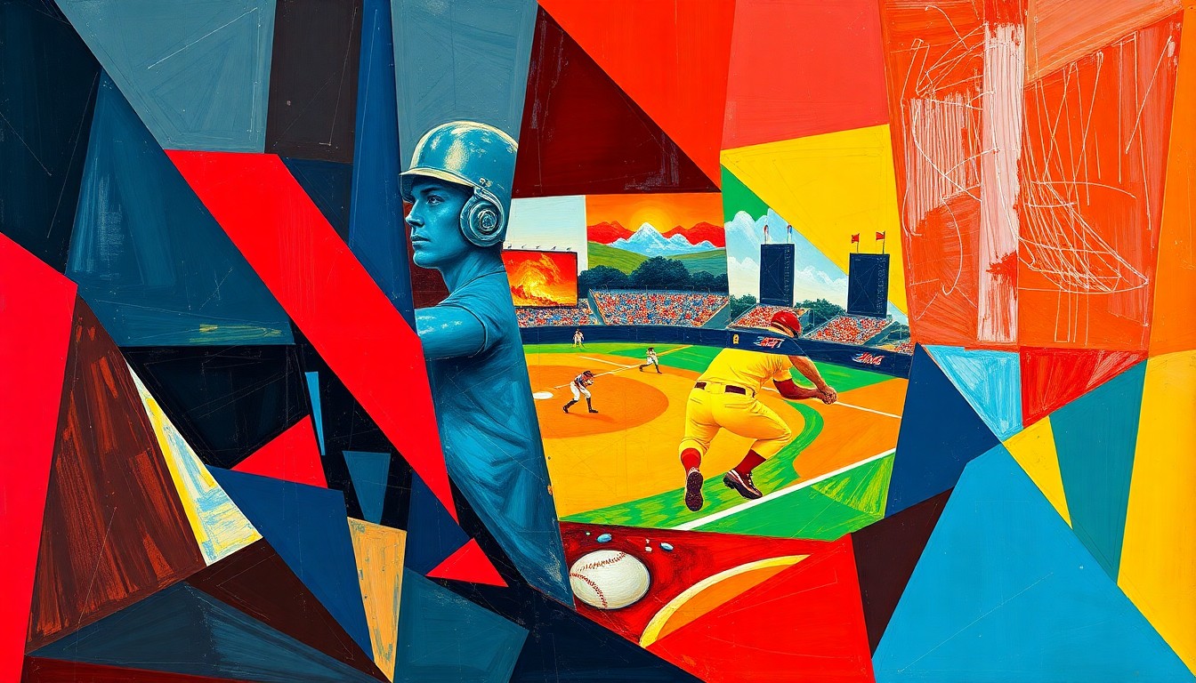 A cubist-style painting featuring overlapping geometric shapes and planes of bright red, blue, and yellow colors, conceptually representing the dynamic action and energy of a softball game.