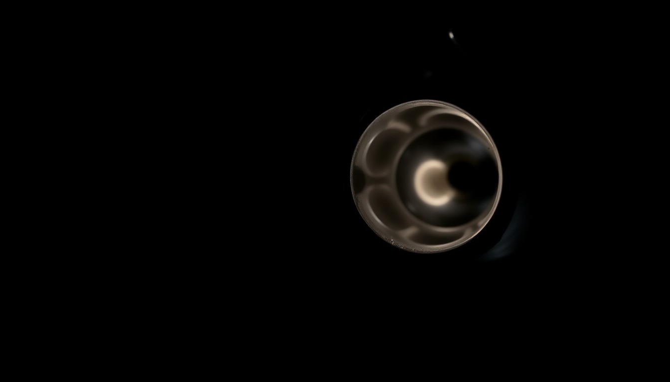 An extreme close-up of a revolver cylinder reflecting a harsh, direct flash of light, conceptually illustrating the threat of gun violence in a domestic dispute.