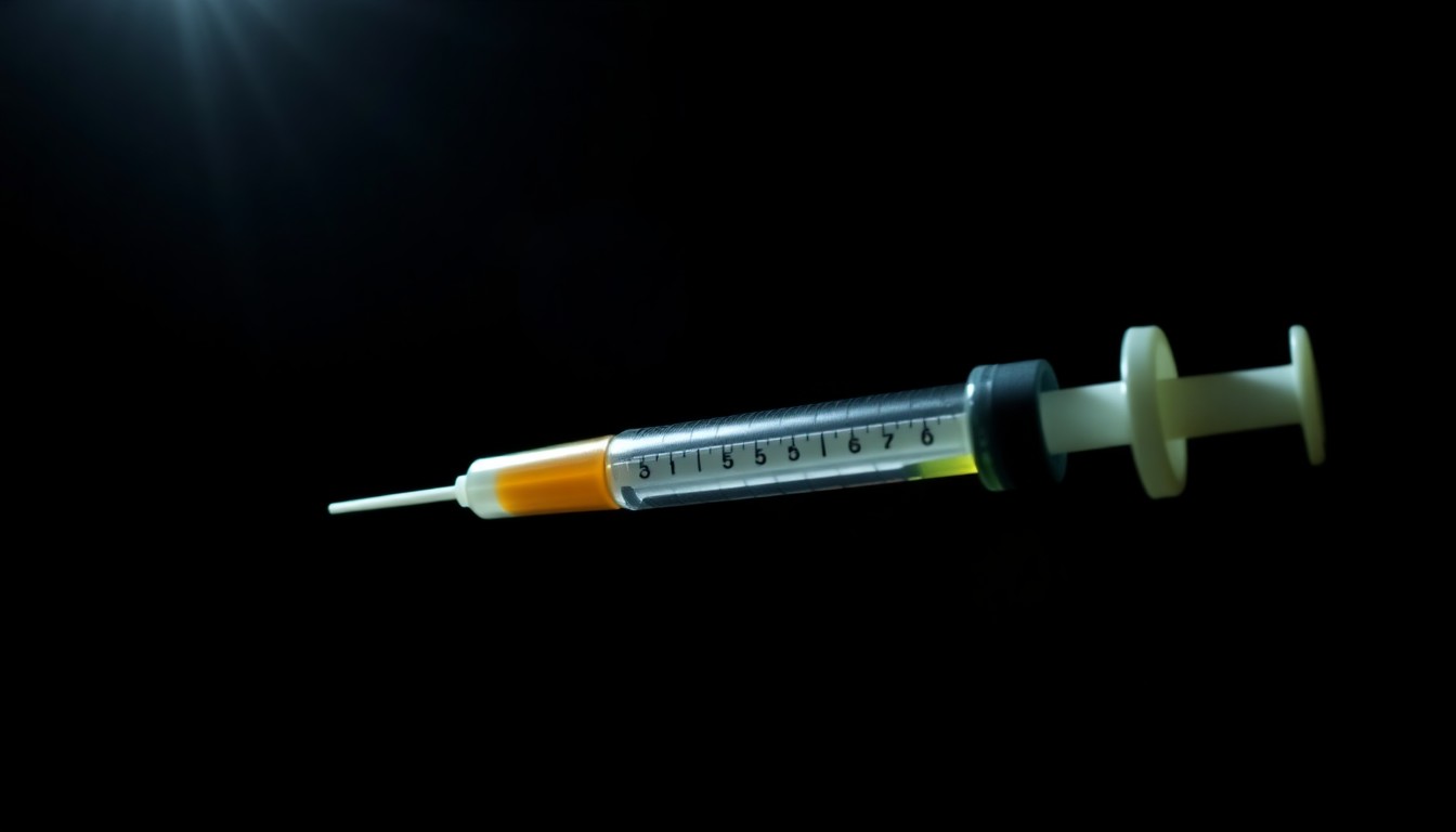 An extreme close-up photograph of a medical syringe or pill bottle against a pitch-black background, lit by a harsh, direct camera flash to create a stark, gritty, investigative aesthetic, conceptually representing the investigation into healthcare fraud.