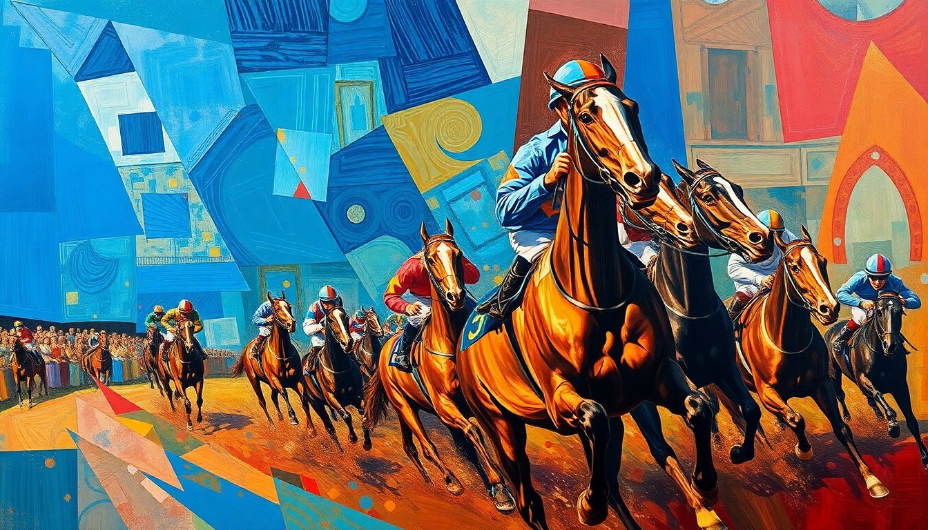 A fragmented, geometric painting in bold colors depicting the motion and energy of a horse race, with overlapping planes and abstracted forms representing the competitive spirit of thoroughbred racing.