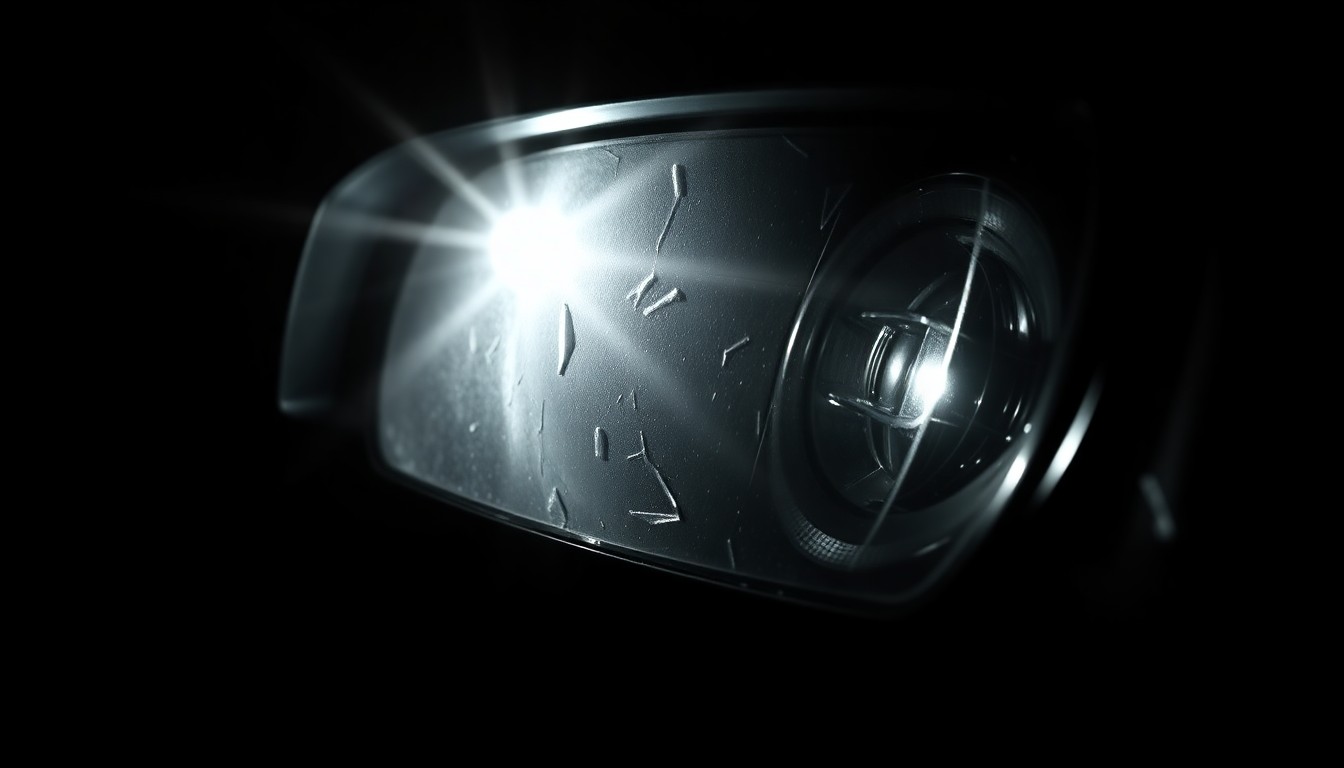 An extreme close-up photograph of a damaged car side mirror or headlight lens, capturing the harsh, gritty details and dramatic lighting to conceptually illustrate the aftermath of a pedestrian collision.