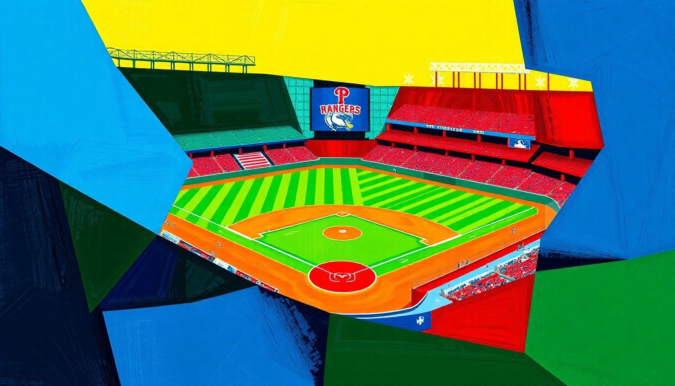 A fractured, geometric painting in bold colors depicting various baseball actions and players in an abstract, deconstructed style.
