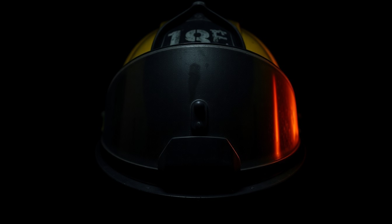 An extreme close-up of a firefighter's helmet with soot and scorch marks, conceptually illustrating the dangers faced by first responders.
