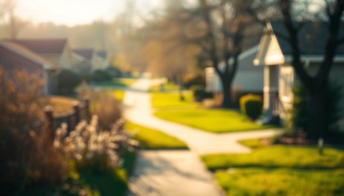 An abstract, out-of-focus photograph showing the soft, warm colors and blurred shapes of a residential neighborhood in the springtime, conveying a sense of the changing seasons and the importance of community yard waste management.