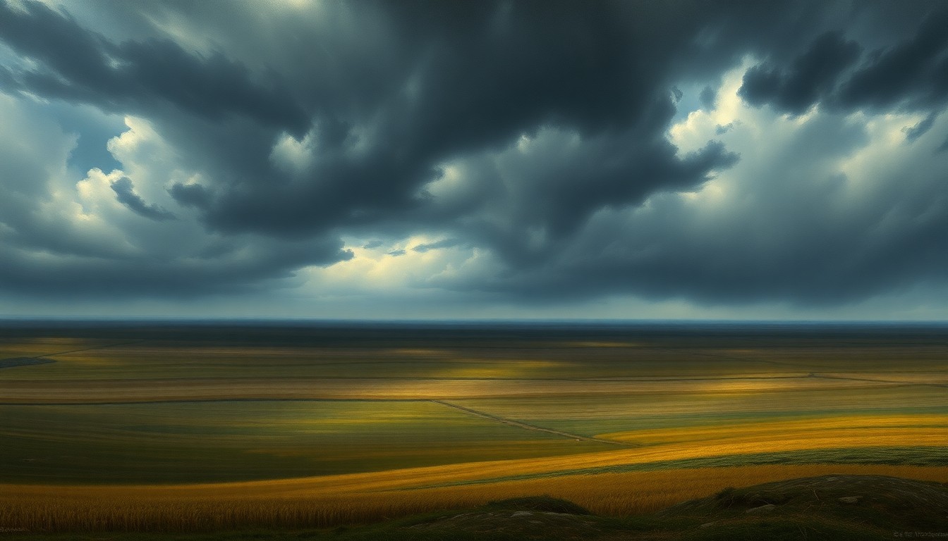 A vast, atmospheric landscape painting in muted tones, depicting a sweeping field under a dramatic, stormy sky, conveying the overwhelming power of nature and the vulnerability of the rural Midwest to natural disasters.