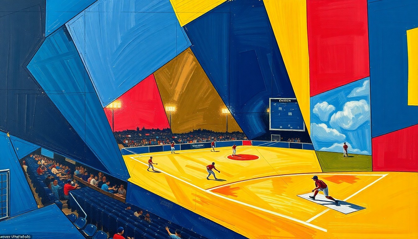 A fractured, cubist-style painting depicting the dynamic action of a softball game, with sharp geometric shapes in navy, gold, and crimson colors overlapping to create a sense of movement and energy on the field.