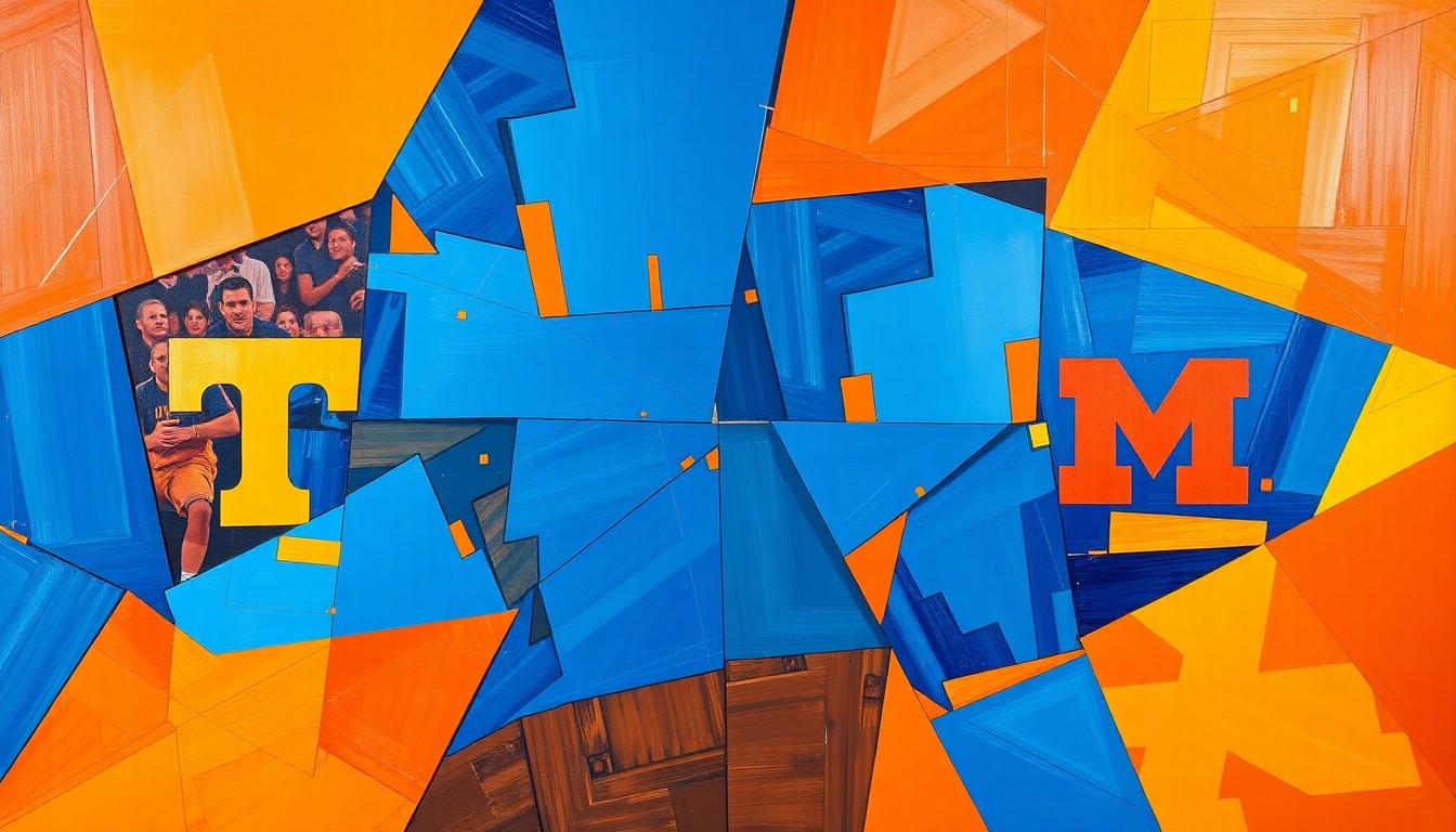 A fragmented, geometric painting in vibrant shades of orange and blue, capturing the dynamic action and emotional tension of a high-stakes college basketball game through Cubist-inspired abstraction.