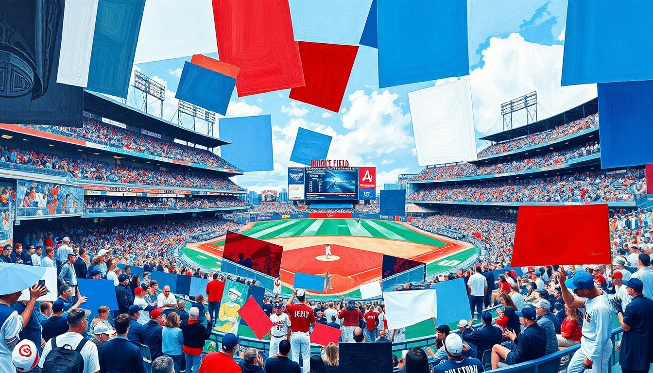 A cubist, geometric painting depicting the motion and energy of a ceremonial first pitch, with overlapping planes of blue, red, and white creating a dynamic, fragmented visual representation of the event.