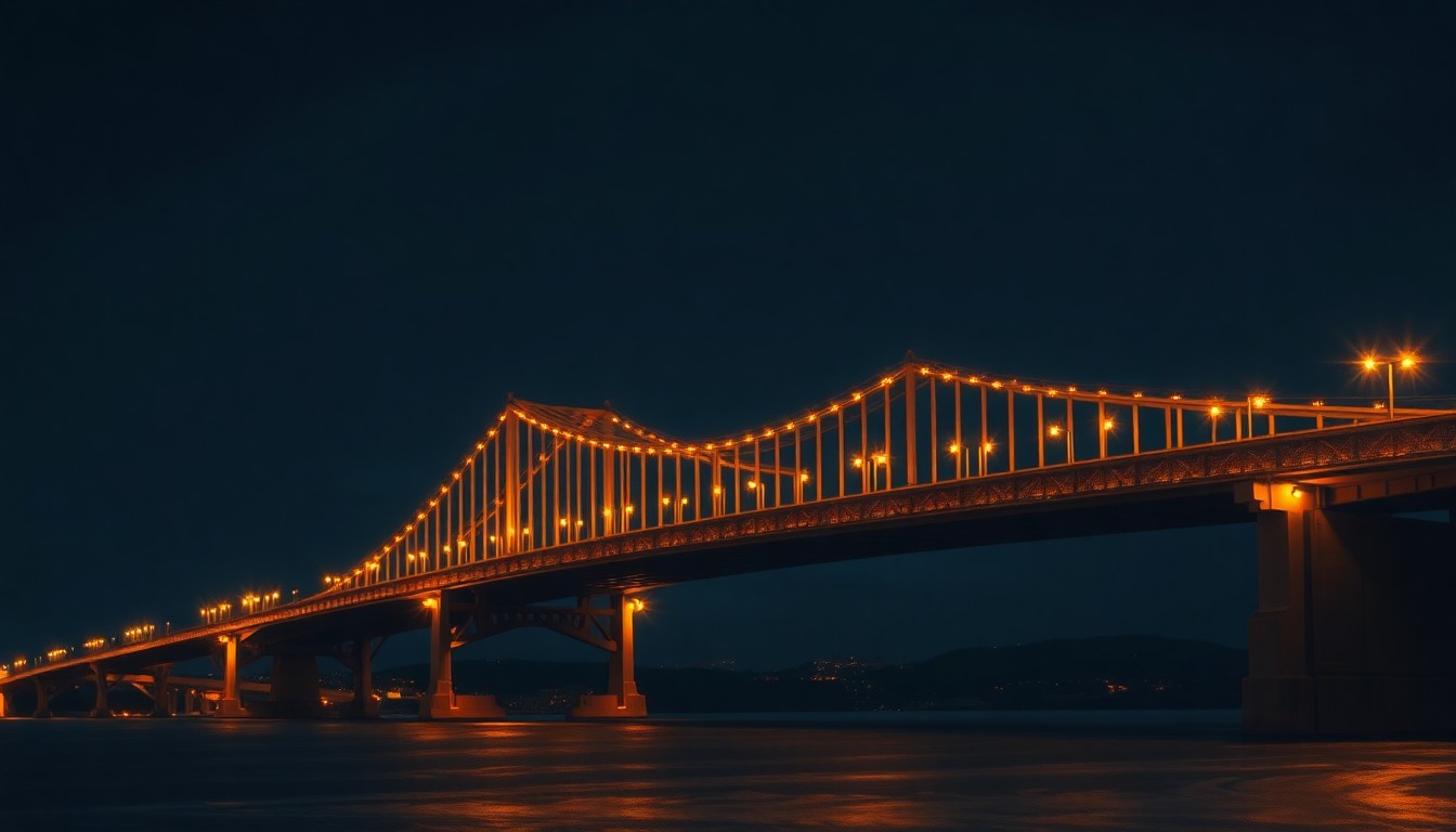 A serene, cinematic painting of a major New York bridge at night, with the structure bathed in warm, diagonal lighting and deep shadows, conceptually representing the solemn recognition of Vietnam veterans.