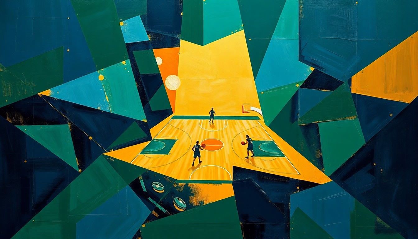 A cubist, geometric painting depicting a fragmented women's basketball game, with sharp planes of navy, green, and gold colors representing the transition the UAlbany program now faces.