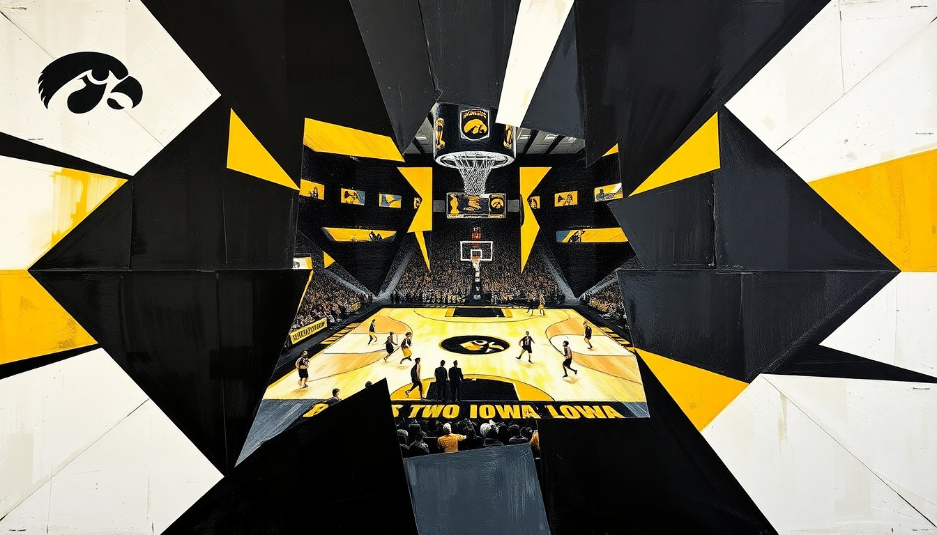 A cubist, geometric painting depicting an Iowa basketball game, with the players and court broken down into sharp, overlapping planes of black, gold, and white, capturing the dynamic energy of the sport.
