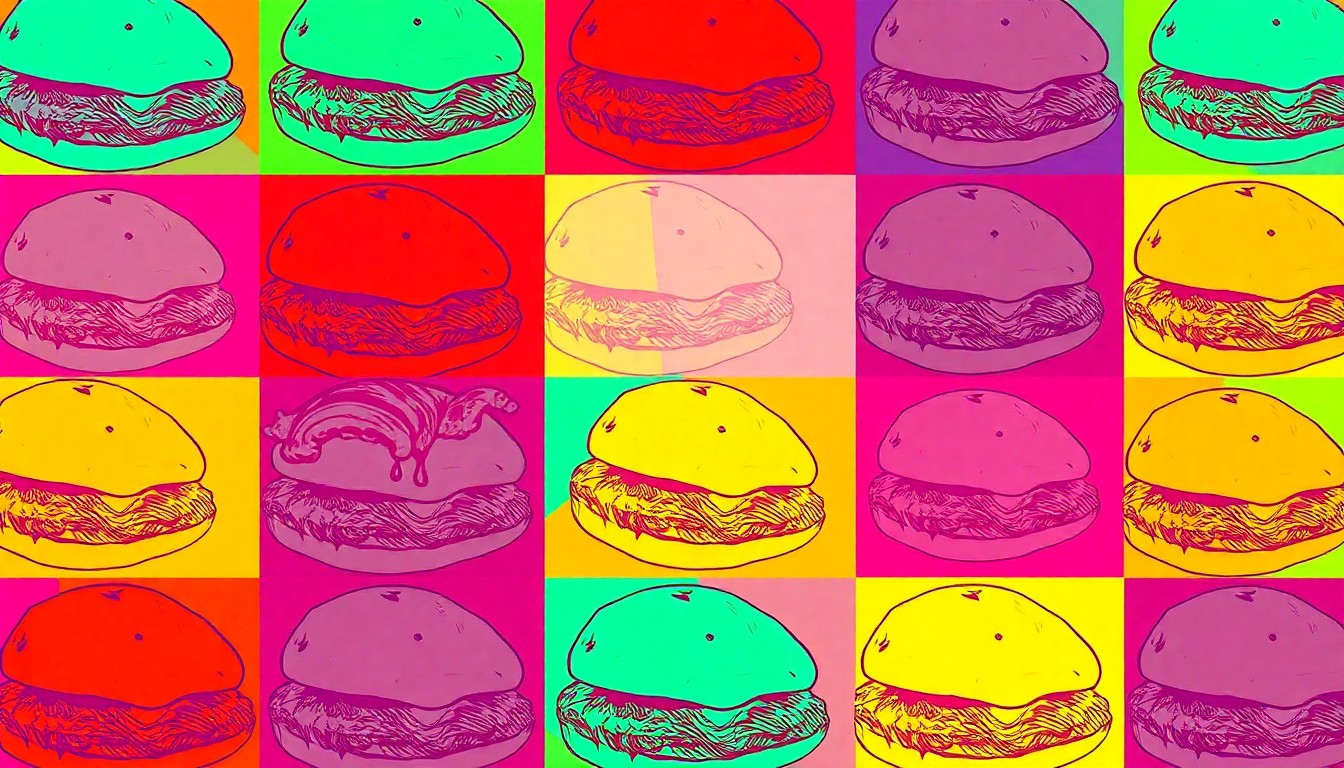 A vibrant, high-contrast silkscreen print of a single, iconic barbecue item such as a rack of ribs or a pulled pork sandwich, repeated in a tight grid pattern and rendered in a bold, neon color palette, conceptually representing the enduring popularity of Buster's Original Southern BBQ.