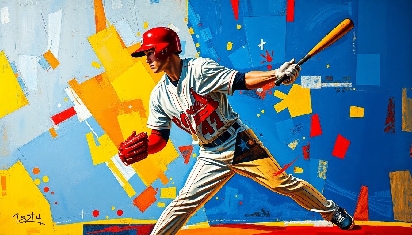 A fractured, cubist-style painting depicting the dynamic motion of a baseball player, with sharp geometric shapes and vibrant colors representing the energy and excitement of a major trade acquisition.