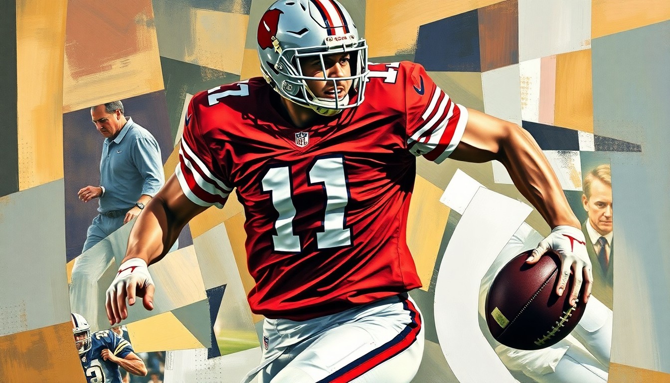 A cubist-style painting depicting a football player in motion, with their jersey number partially visible but their face and other identifying details obscured by overlapping geometric shapes and planes.