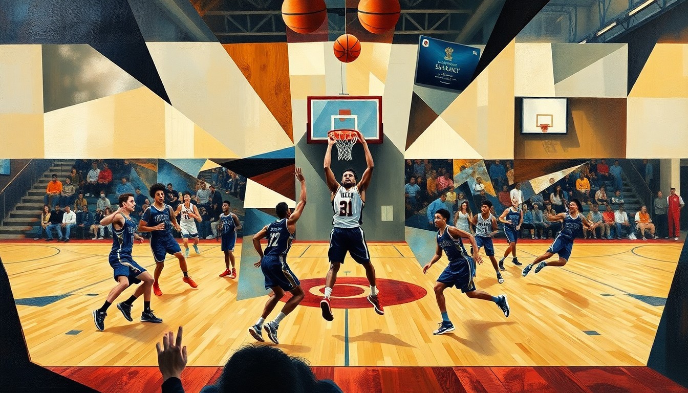A cubist, geometric painting depicting the dynamic movements and energy of a high school basketball game, with players' forms fractured and abstracted into overlapping planes of color and shape.