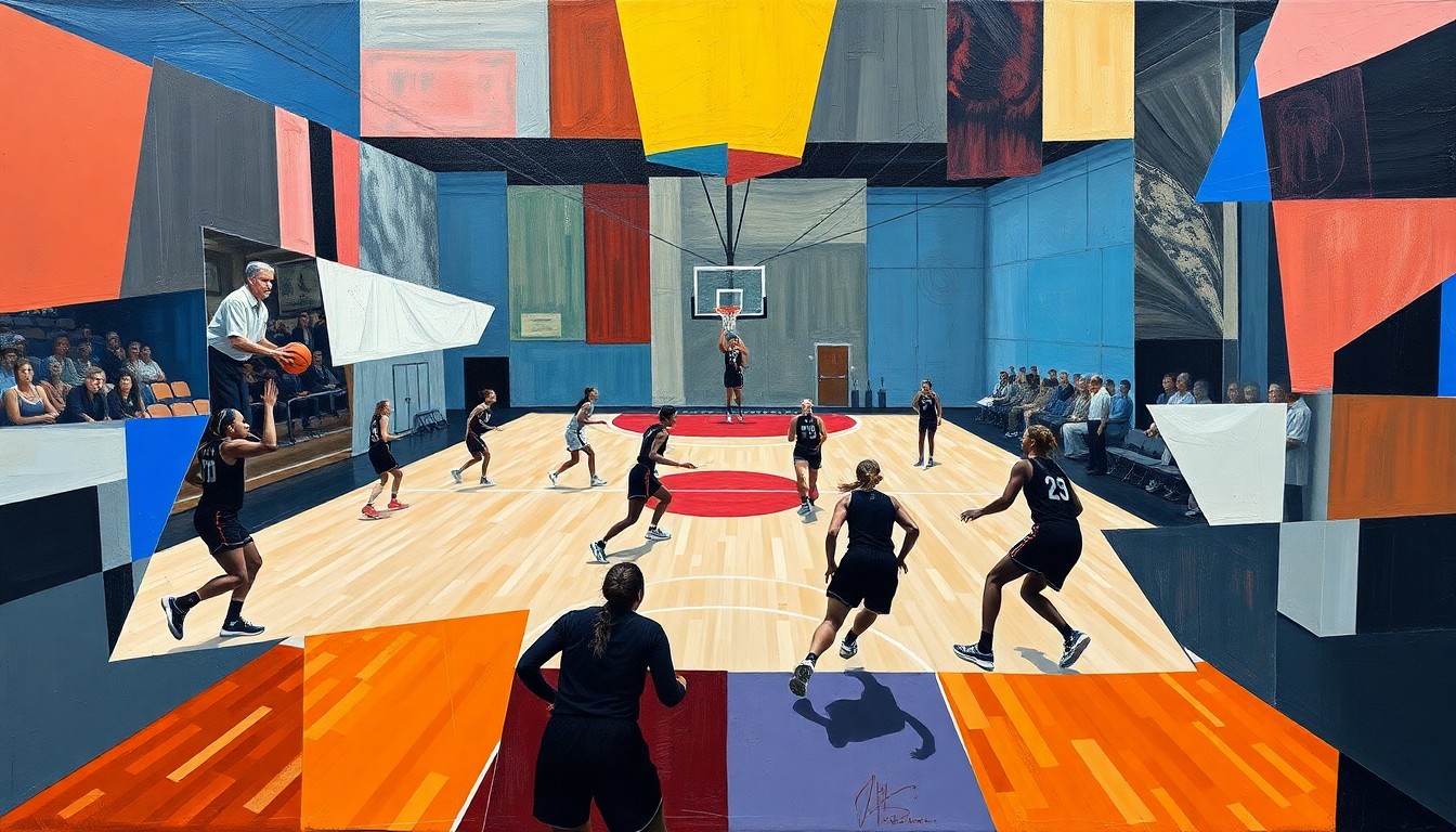 A cubist, geometric painting depicting the dynamic movements and energy of a women's basketball game, with the players and court deconstructed into sharp, overlapping planes of color and form.