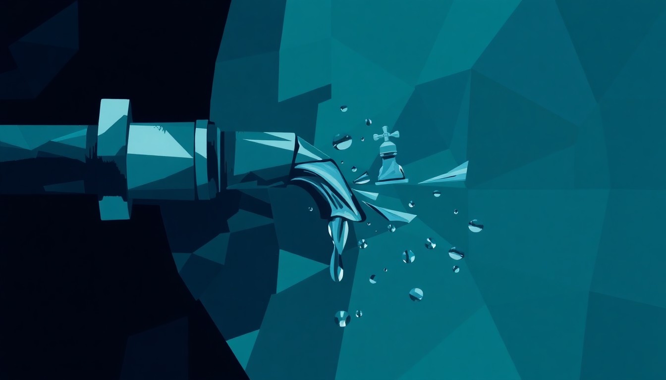 A dynamic, fragmented painting in shades of blue depicts a broken water pipe or leaky faucet, symbolizing the failing infrastructure at the heart of this community dispute over water services.