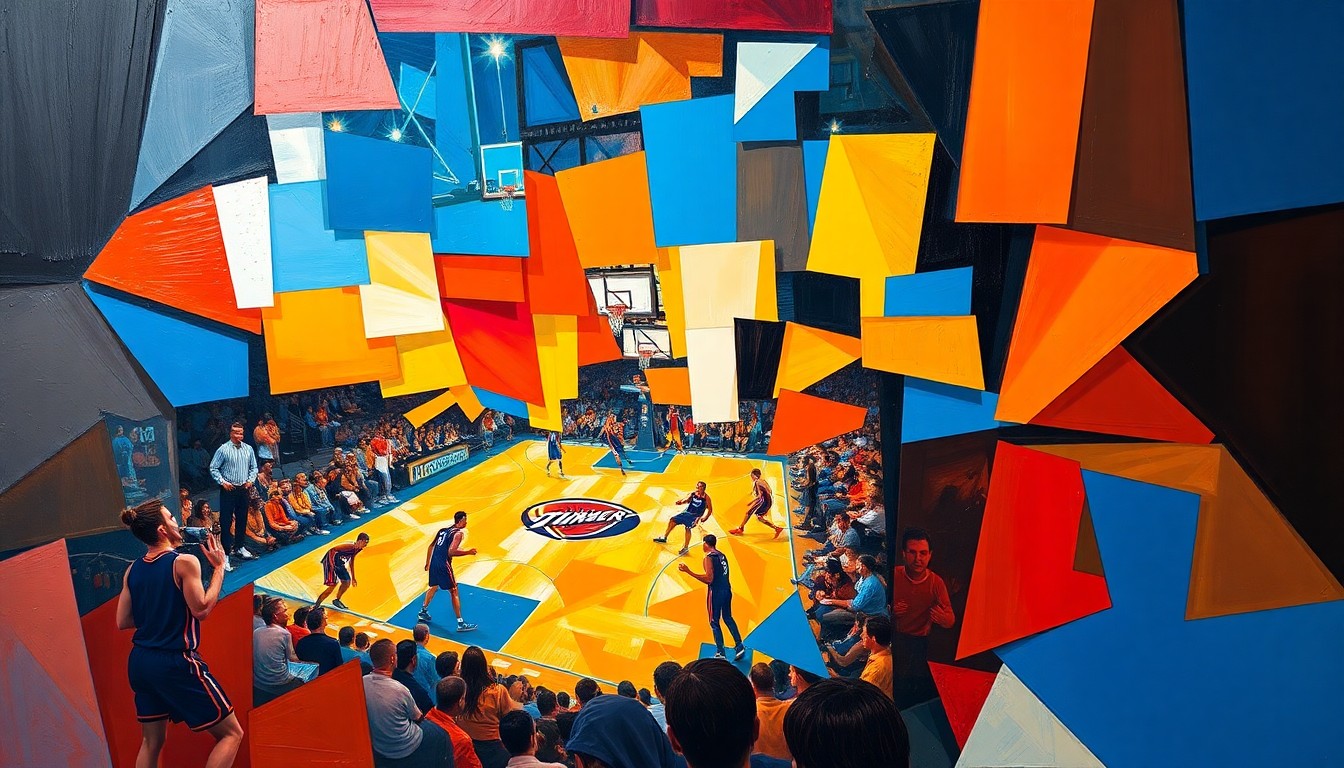 A fragmented, cubist-style painting depicting the dynamic movements and energy of a basketball game, with sharp geometric shapes and planes in the Thunder's team colors of blue, orange, and white.