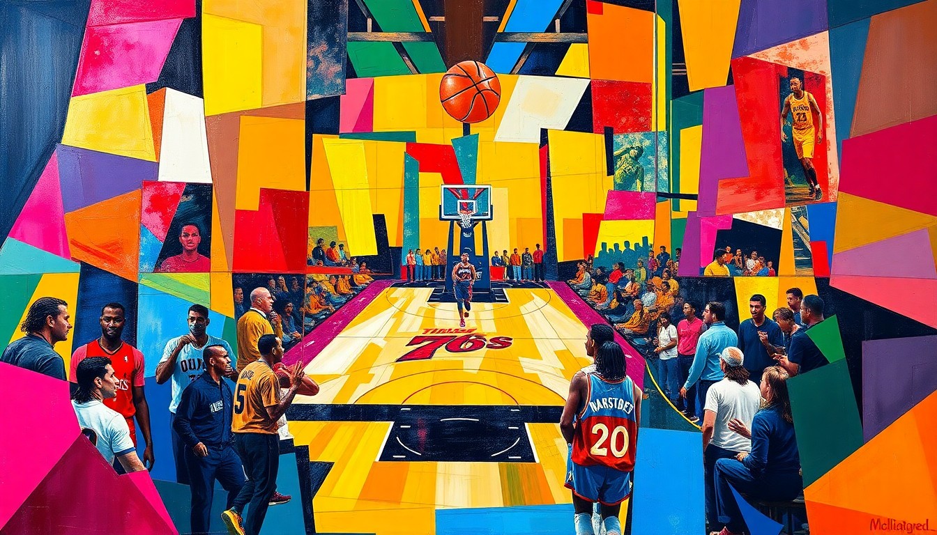 A fragmented, geometric painting in the style of Pablo Picasso, with sharp planes of color representing the movements and energy of a basketball game, without any recognizable figures or text.