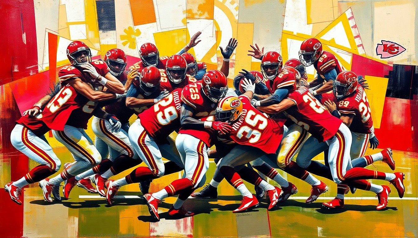 A fragmented, geometric painting in the style of Pablo Picasso, depicting a Kansas City Chiefs defensive play broken down into sharp, overlapping shapes and planes of red, gold, and white.