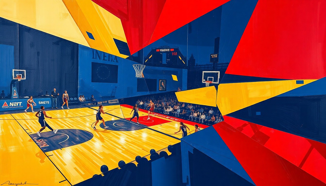 A fractured, cubist-style painting depicting the dynamic action of a WNBA basketball game, with players and the ball broken down into overlapping geometric shapes in a bold color palette, conceptually representing the transformative move of the Connecticut Sun franchise to Houston.