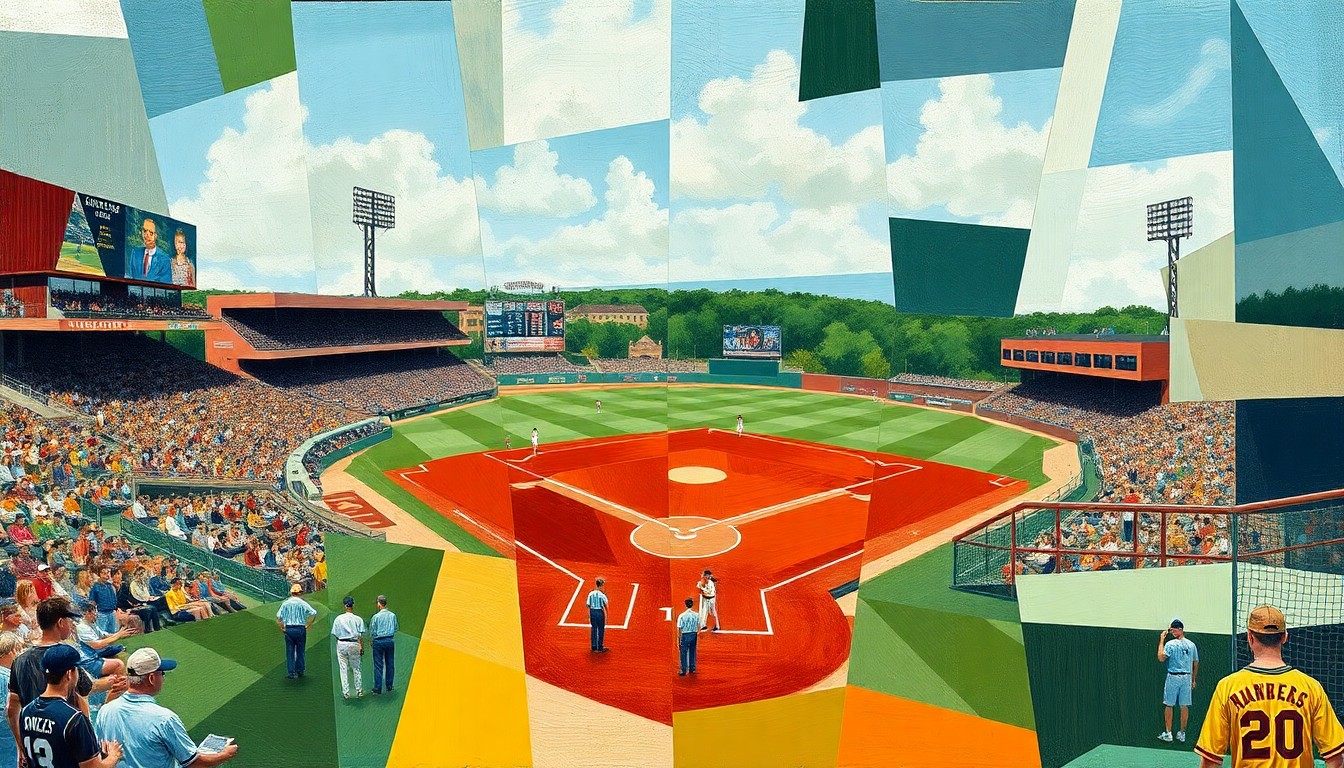 A cubist, geometric painting depicting a high school baseball game, with the players and field broken down into sharp, overlapping planes of color and shape.