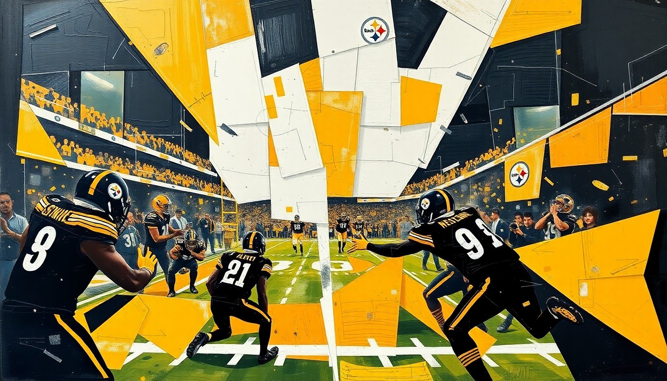 A cubist, geometric painting depicting a fragmented football game, with sharp planes of black, gold, and white representing the Pittsburgh Steelers' colors and style of play.
