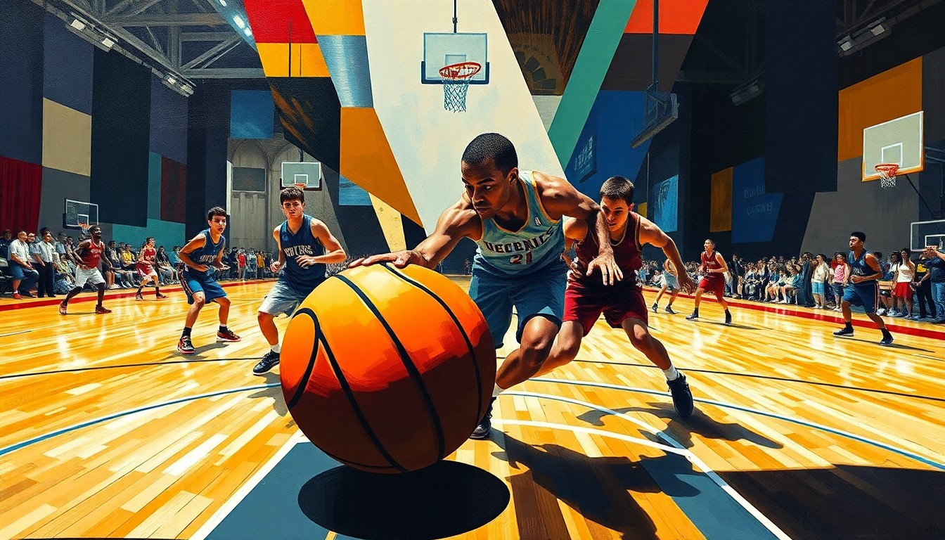 A cubist-style painting depicting a high school basketball game, with the players' forms broken down into overlapping geometric shapes and planes in a dynamic, kinetic composition.