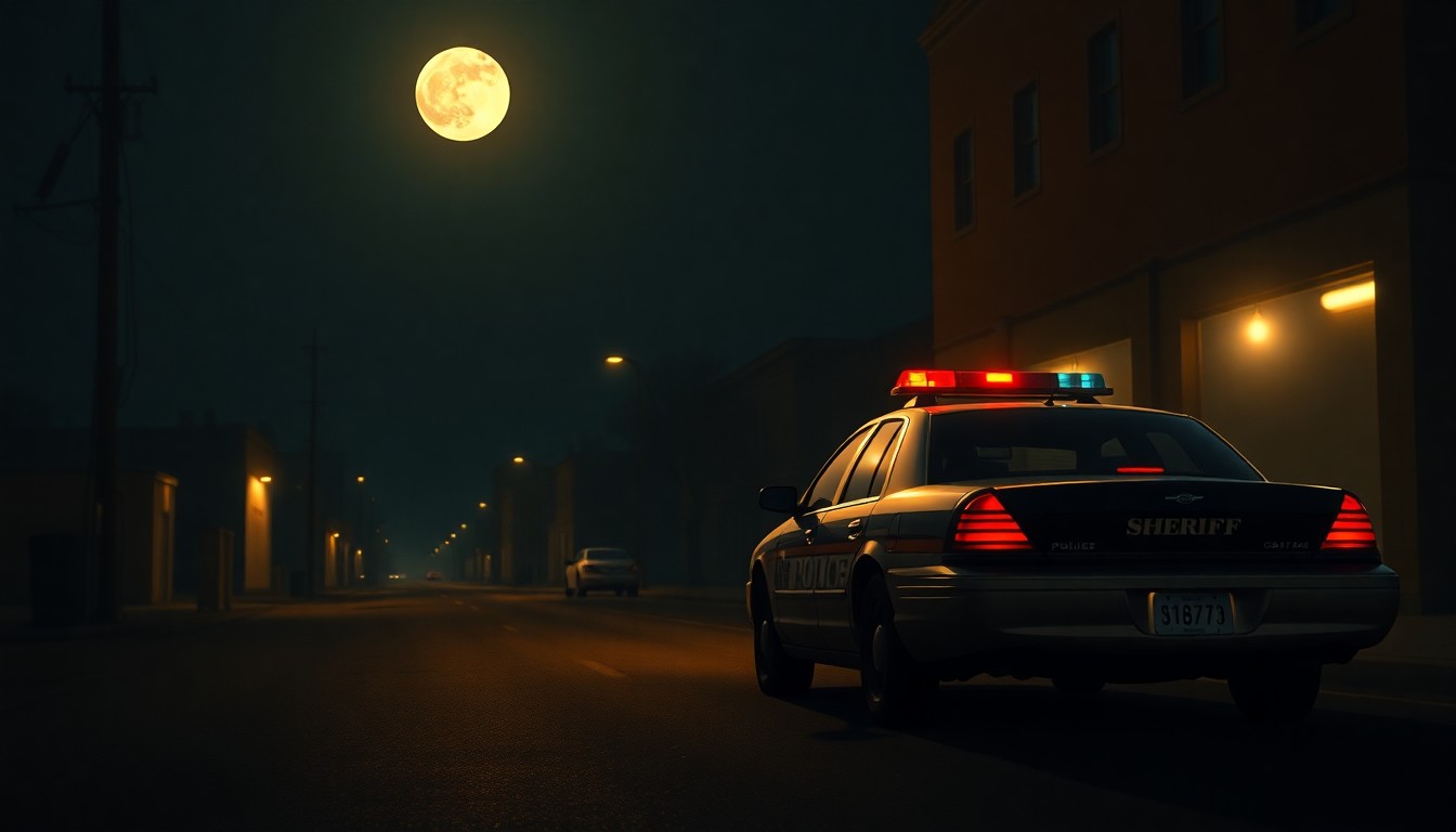 A realistic oil painting depicting a sheriff's patrol car parked on a dimly lit street at night, with warm diagonal lighting and deep shadows creating a cinematic, nostalgic mood.